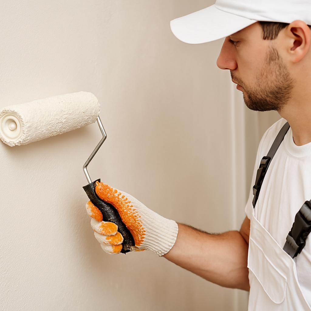 Close-up of a worker in a white cap and overalls using a paint roller on a beige wall; warm, even lighting.